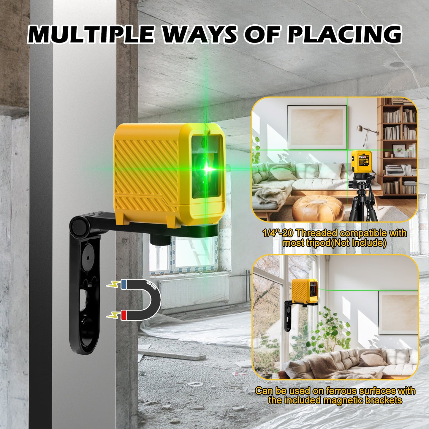 Laser Level with Rechargeable Lithium Battery, Self-Leveling Green Cross Line Tool - Model LS T6G