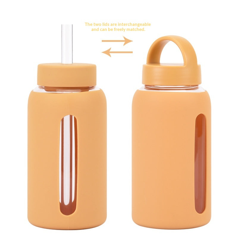 600ml Silicone Sleeve Glass Water Cup with Dual Lids - Heat-Resistant & Sipper-Friendly