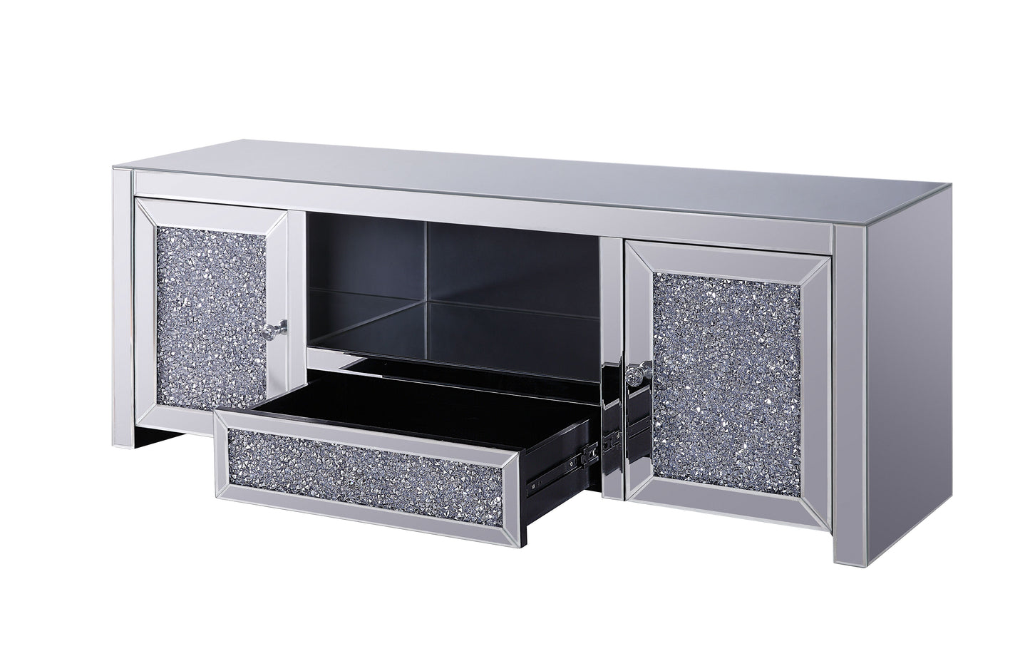 Mirrored Faux Diamonds TV Stand - Assembled, Silver Finish