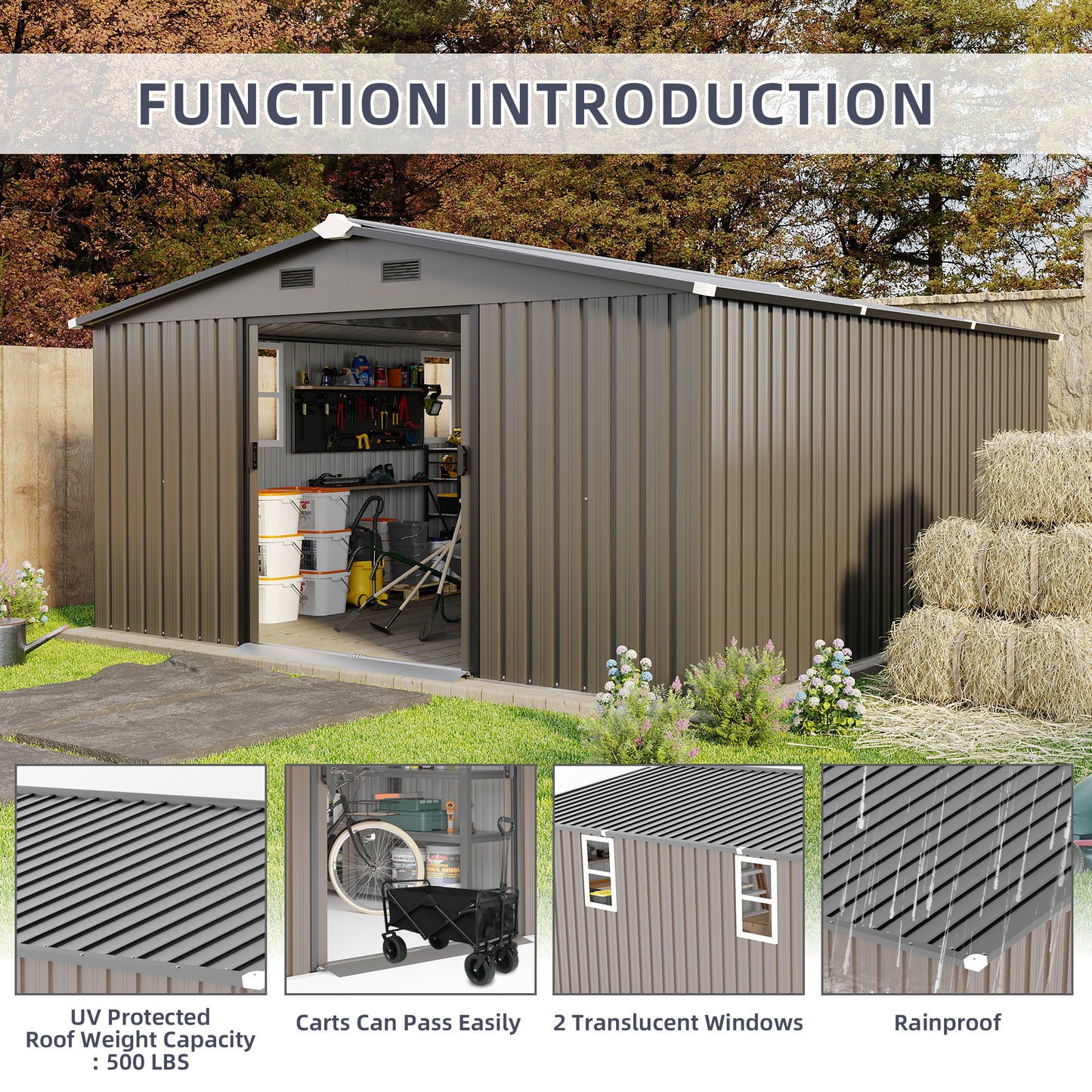 10x12ft Steel Storage Shed with Protective Film & Windows - Brown