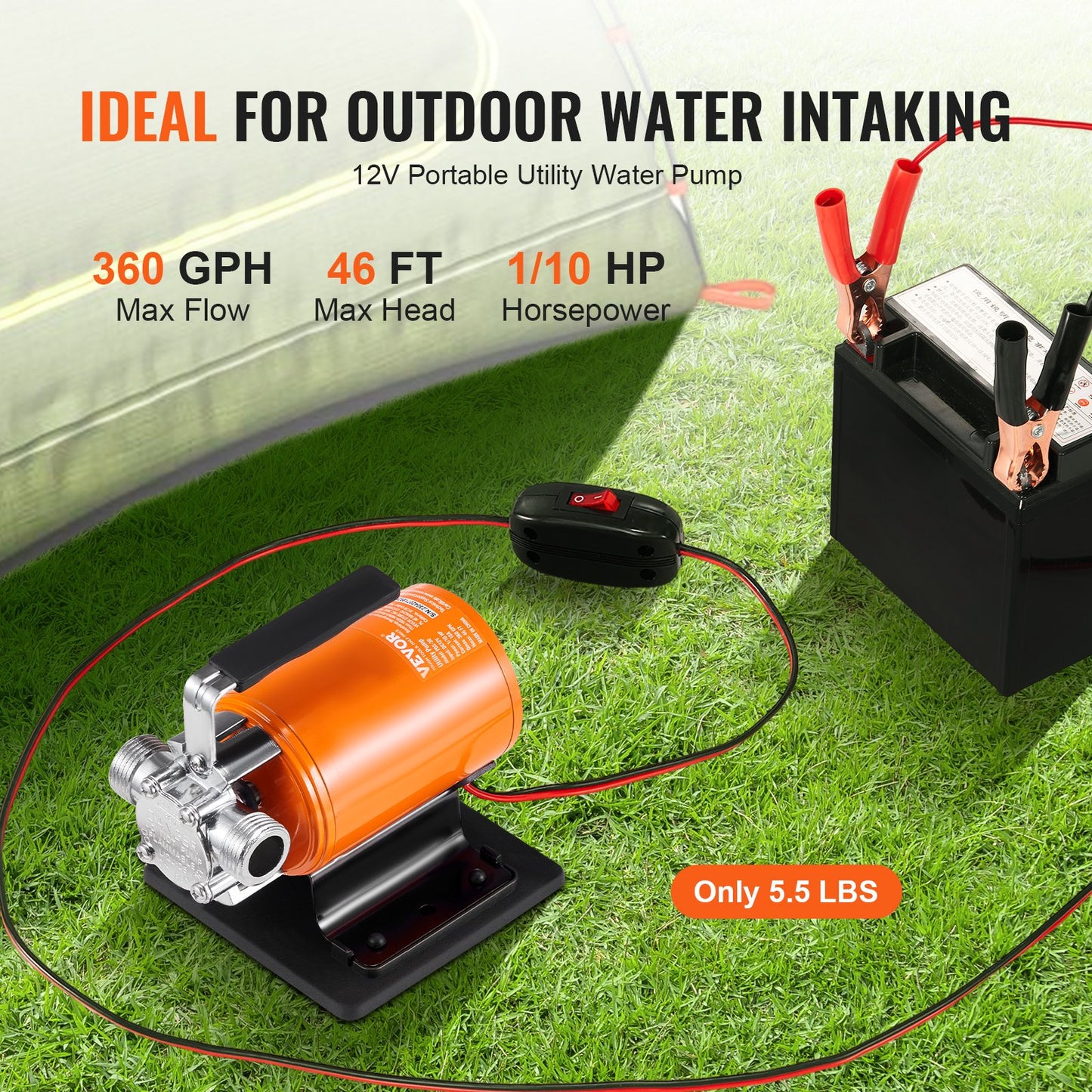 12V DC Water Transfer Pump - Portable 360 GPH Utility Pump for Garden Pool Pond