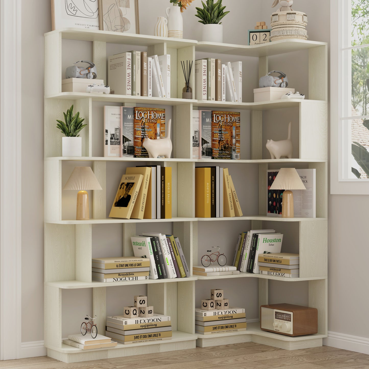 Set of 2 Space Saving Corner Bookshelf - White MDF