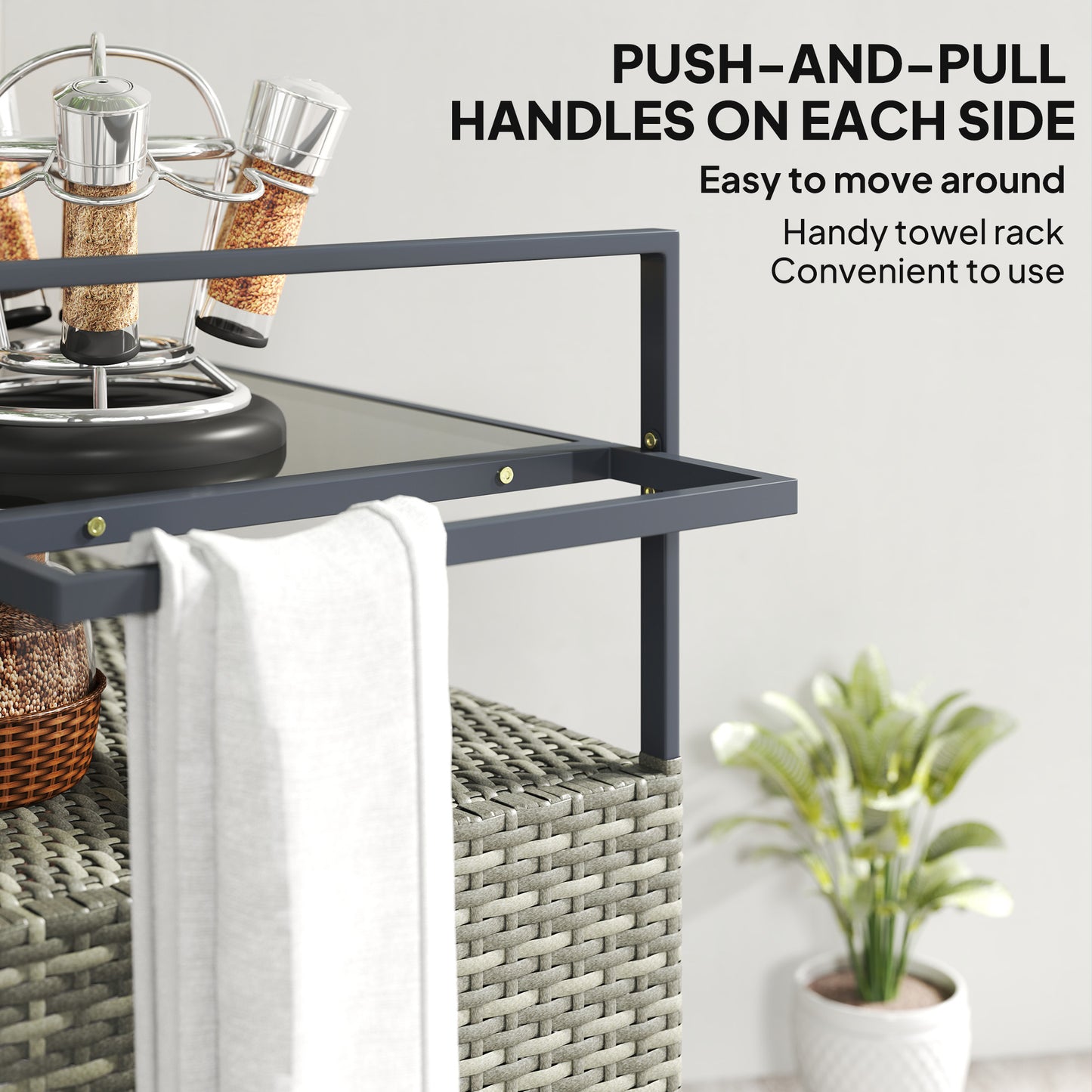 Outdoor Bar Cart with Glass Top & Cabinet - Mixed Gray