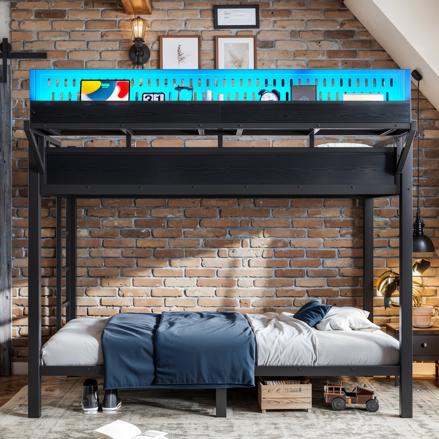 Twin XL Metal Bunk Bed with Storage Shelves & USB Ports - Black