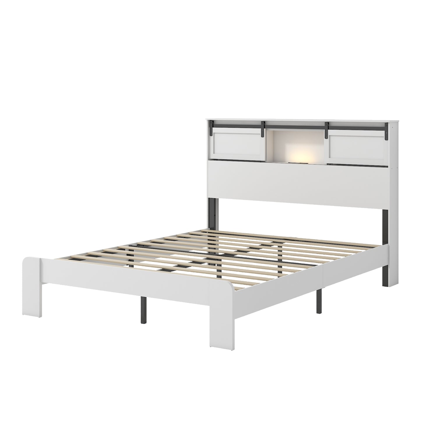 Queen Metal Platform Bed Frame with USB Charging Station - White