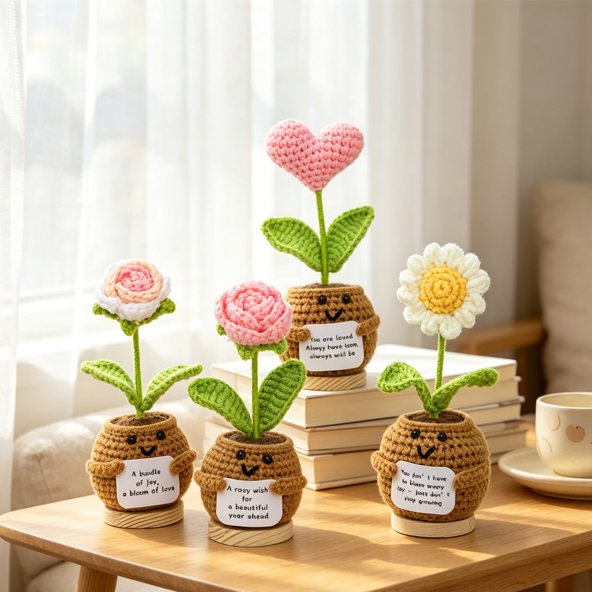 Mini Crochet Potted Flower Decor Assorted Rose & Heart with Inspirational Cards