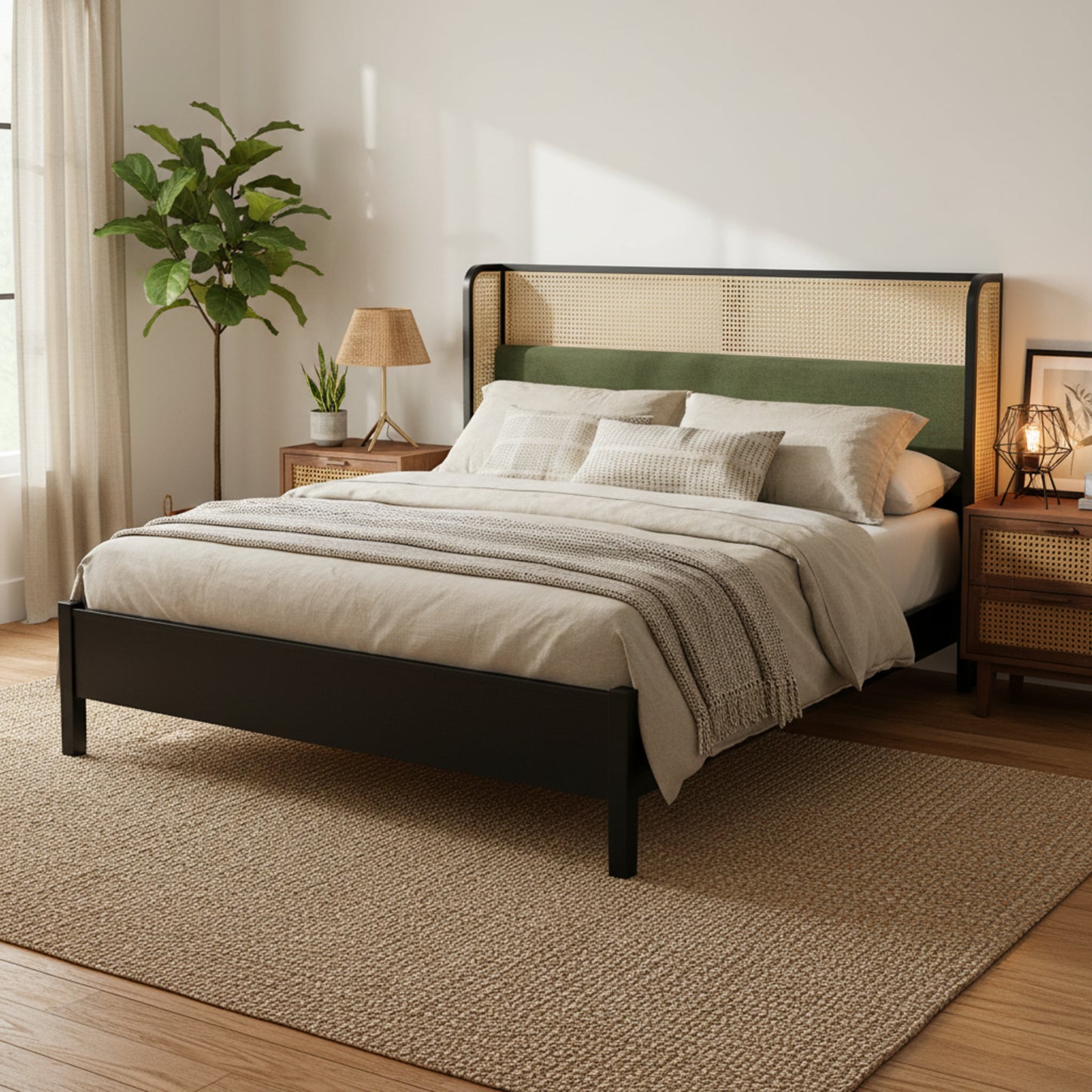 King Size Bed Frame - Black Green, Solid Wood, No Box Spring