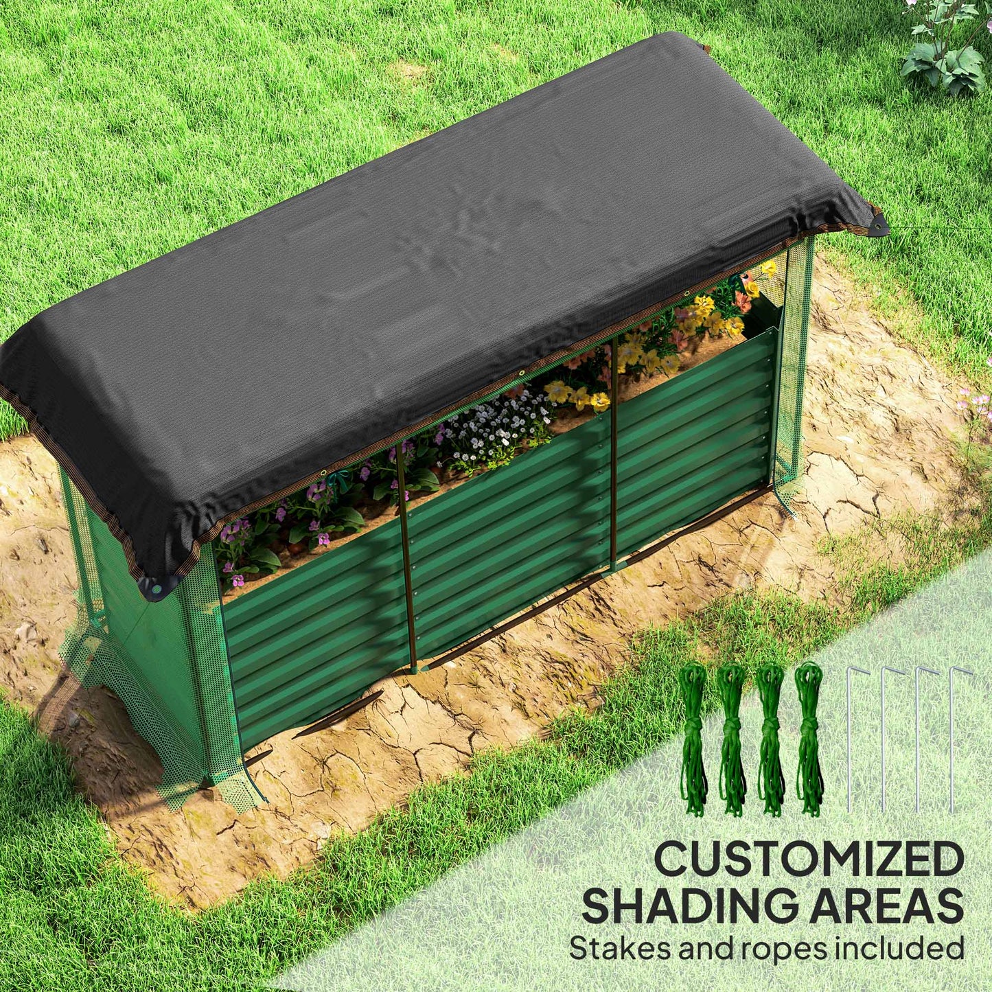 Galvanized Steel Raised Garden Bed with Crop Cage and Shade Cloth - Outdoor Planter Box, Green
