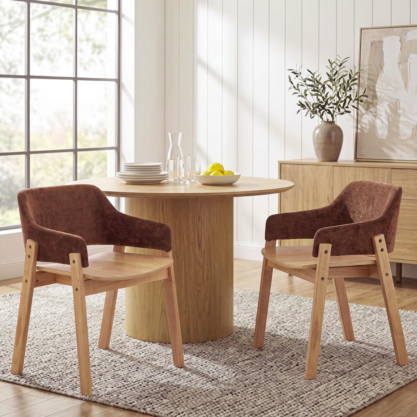 Upholstered Dining Chairs Set of 2 - Brown Fabric & Rubber Wood