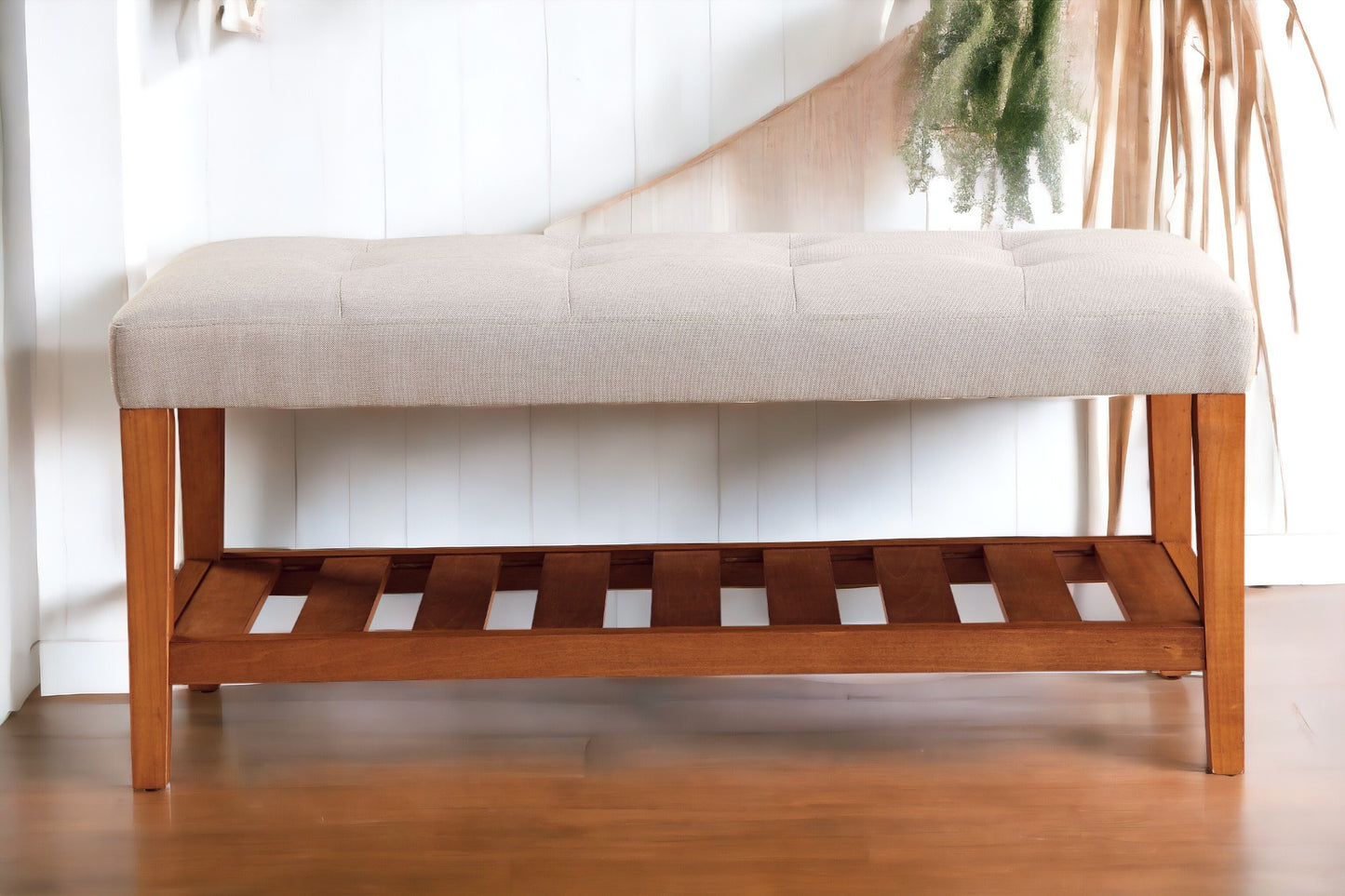 Light Gray Fabric Bench with Oak Finish - Charla