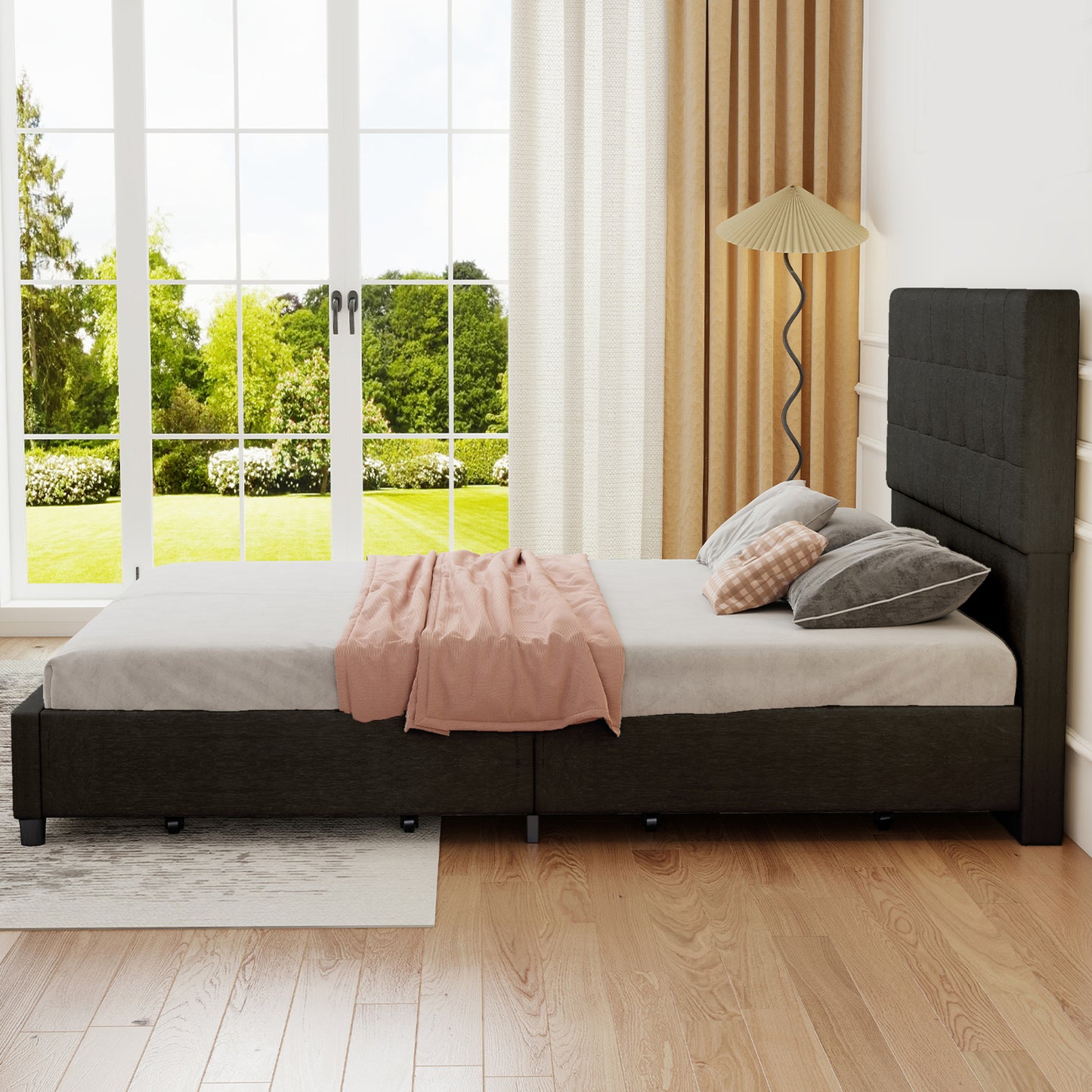 Queen Bed Frame Upholstered Vertical Channel Headboard With 4 Storage