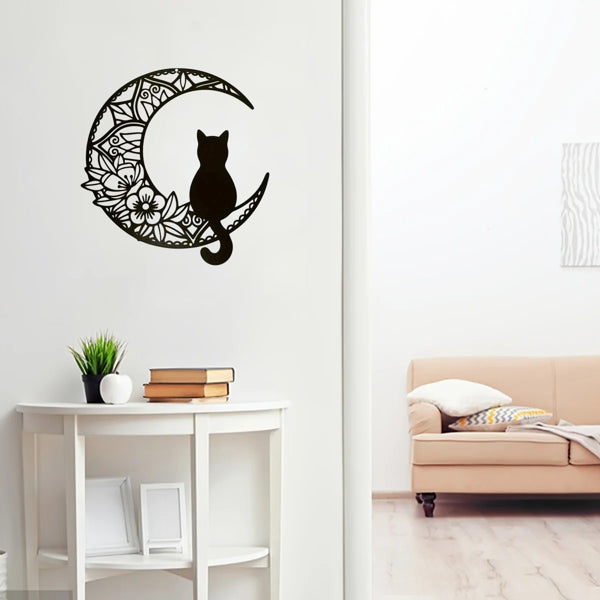 Crescent Cat Wall Decor - Bohemian Metal Art for Home