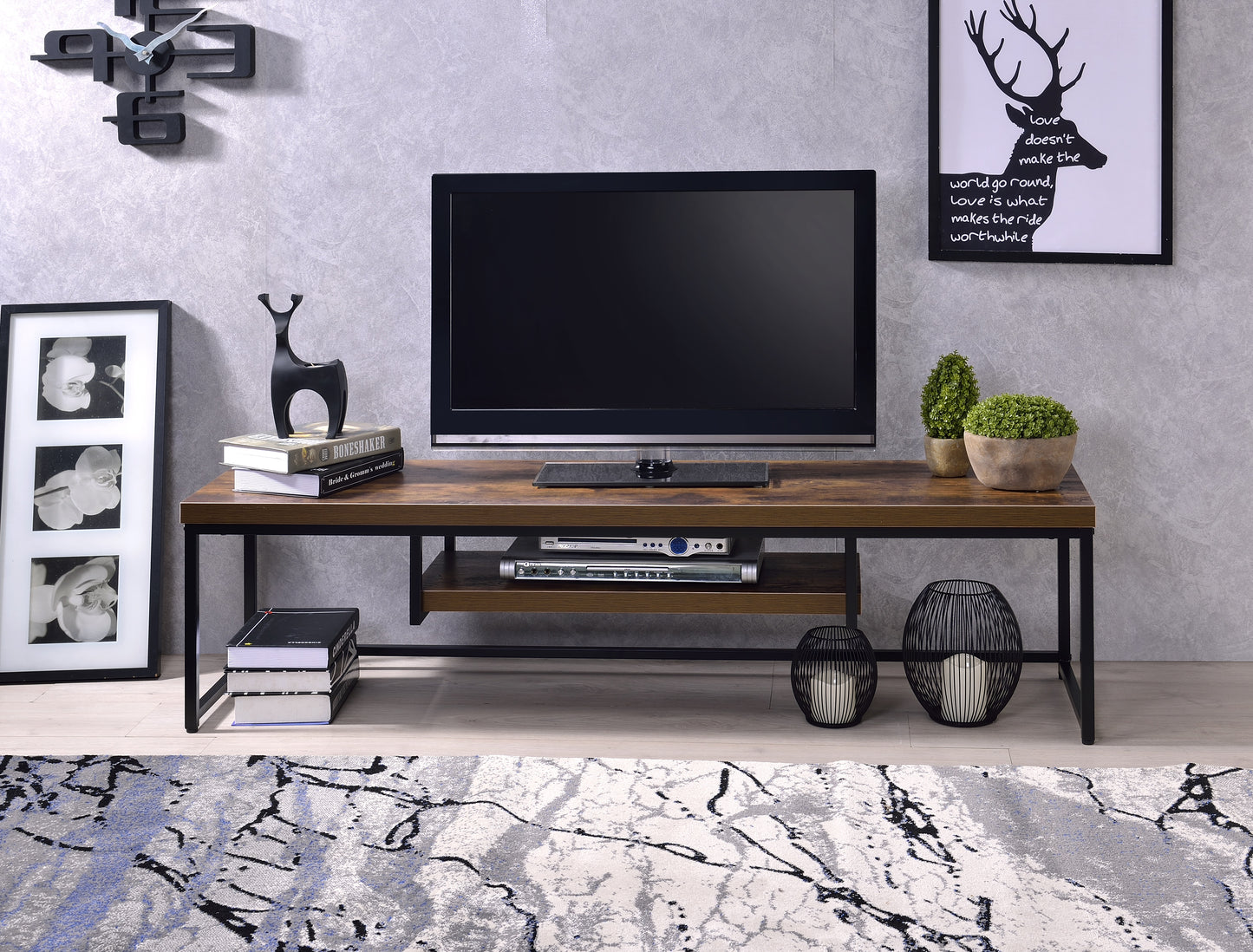 Weathered Oak & Black Metal Finish TV Stand for 60" TVs