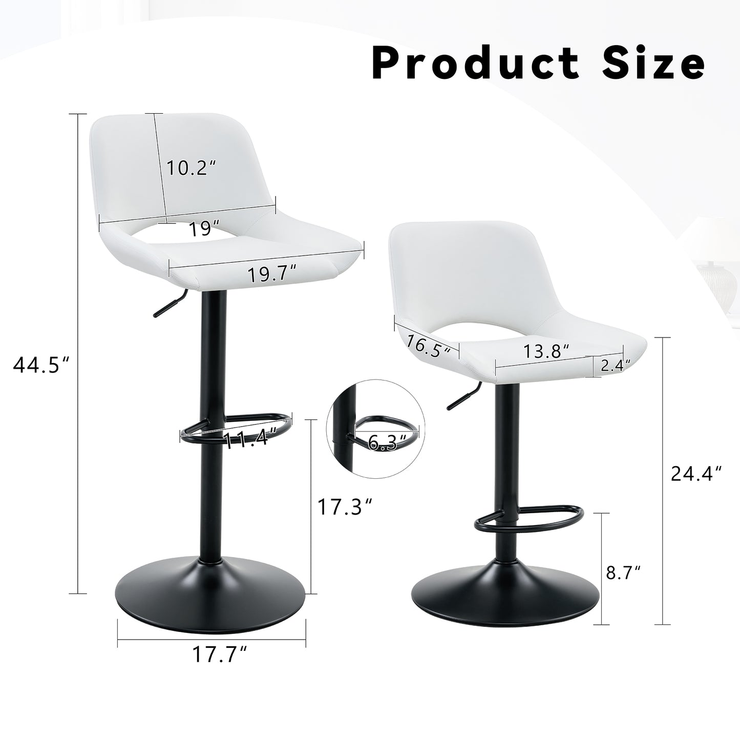 Modern Swivel Adjustable Bar Stools Set - 2 Pack, White PU Material,