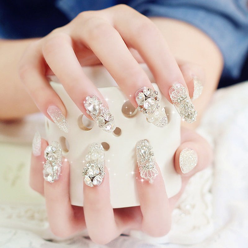 Fake Nails Silver Water Drops - 24 Pieces with Glue