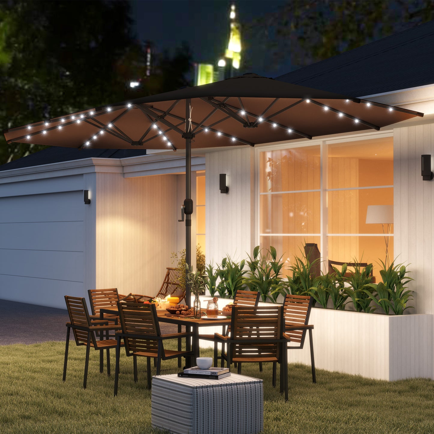 Double-Sided Sun Umbrella with Solar LED Lights - Coffee