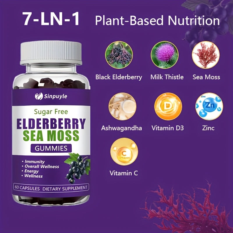 Sugar-Free Elderberry Sea Moss Gummies - Immune Support & Energy Boost - 60ct