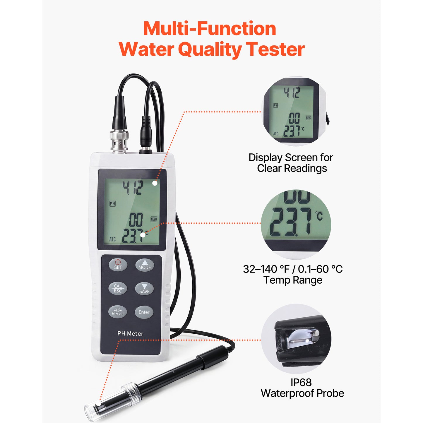 PH Meter 0-14 pH Range Waterproof Probe Portable Tester Kit for Drinking Water & Hydroponics