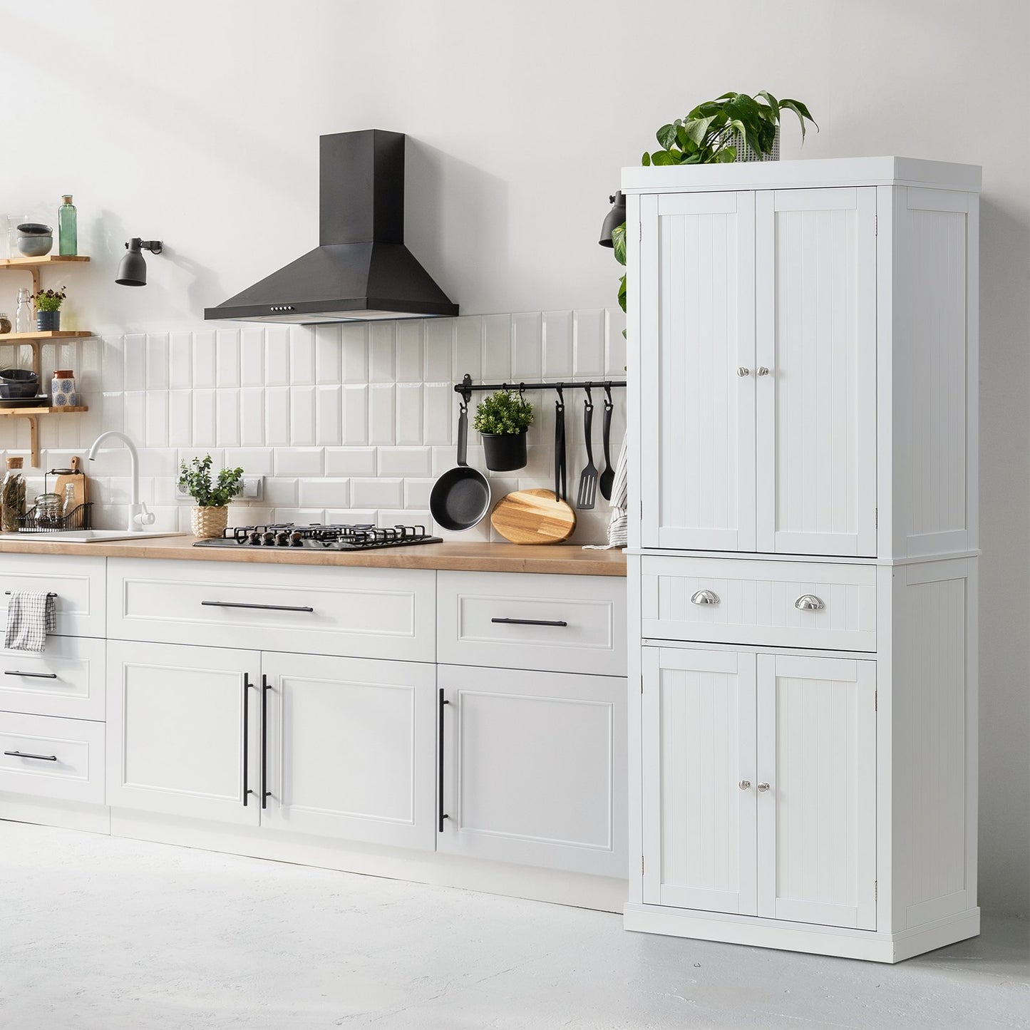 Freestanding Kitchen Pantry Storage Cabinet with Adjustable Shelves - White