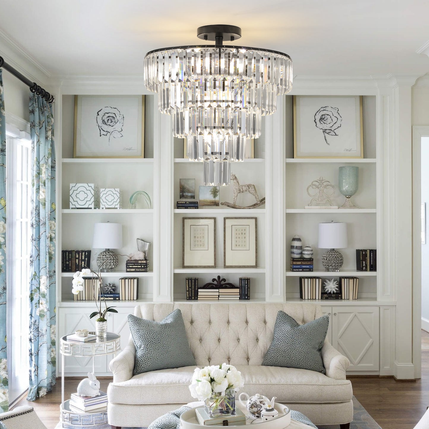 Modern Black Crystal Chandelier - 10-Light Flush Mount Fixture
