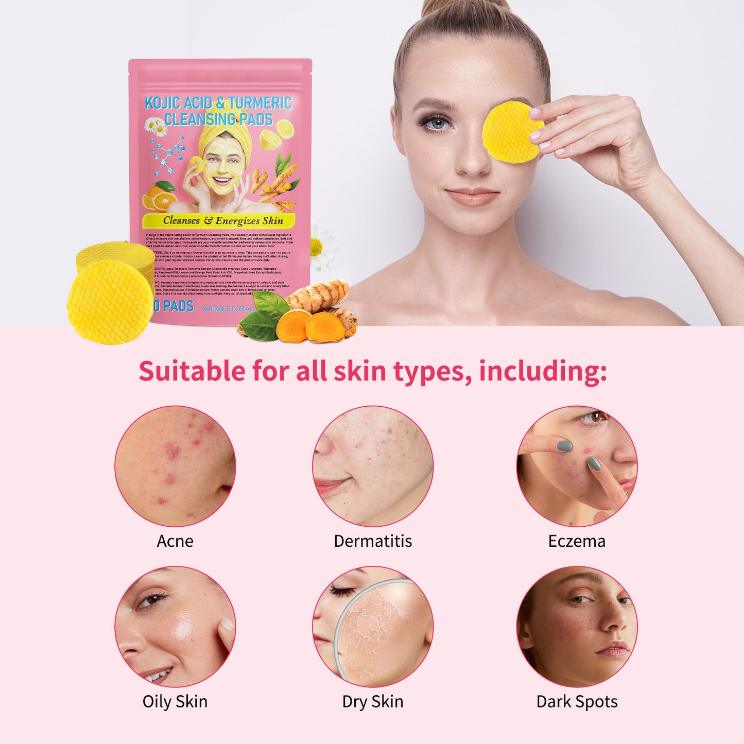 Gentle Skin Care Exfoliating Cleansing Pads - Turmeric & Kojic Acid, 40pcs