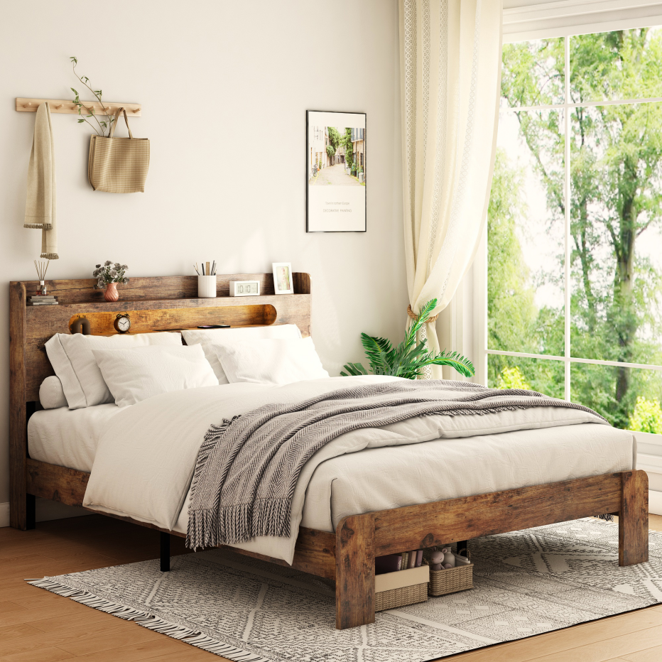 Queen Wood Platform Bed Frame with LED Headboard & USB Ports