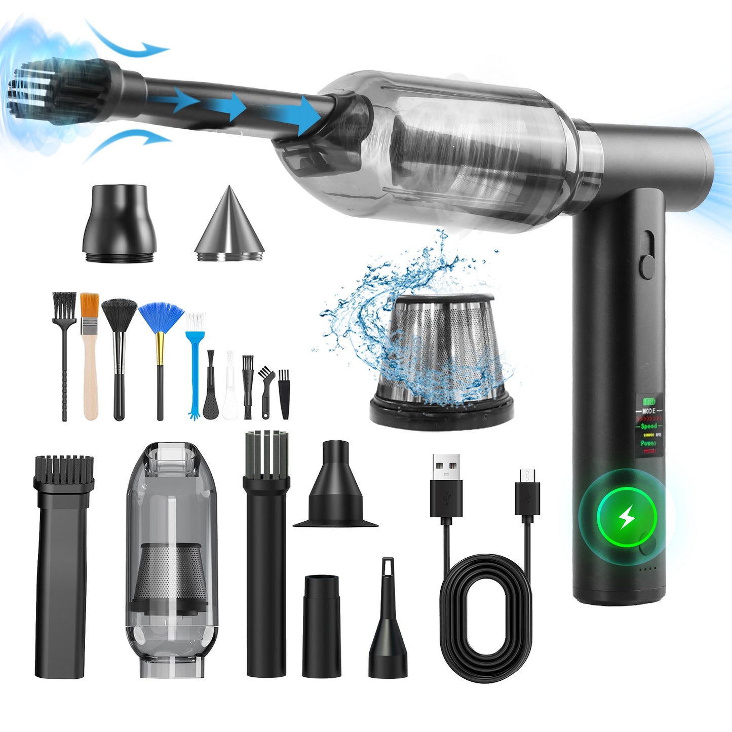 Pro Compressed Air Duster & Vacuum Cleaner 130,000RPM Cordless Blower with 19 Accessories