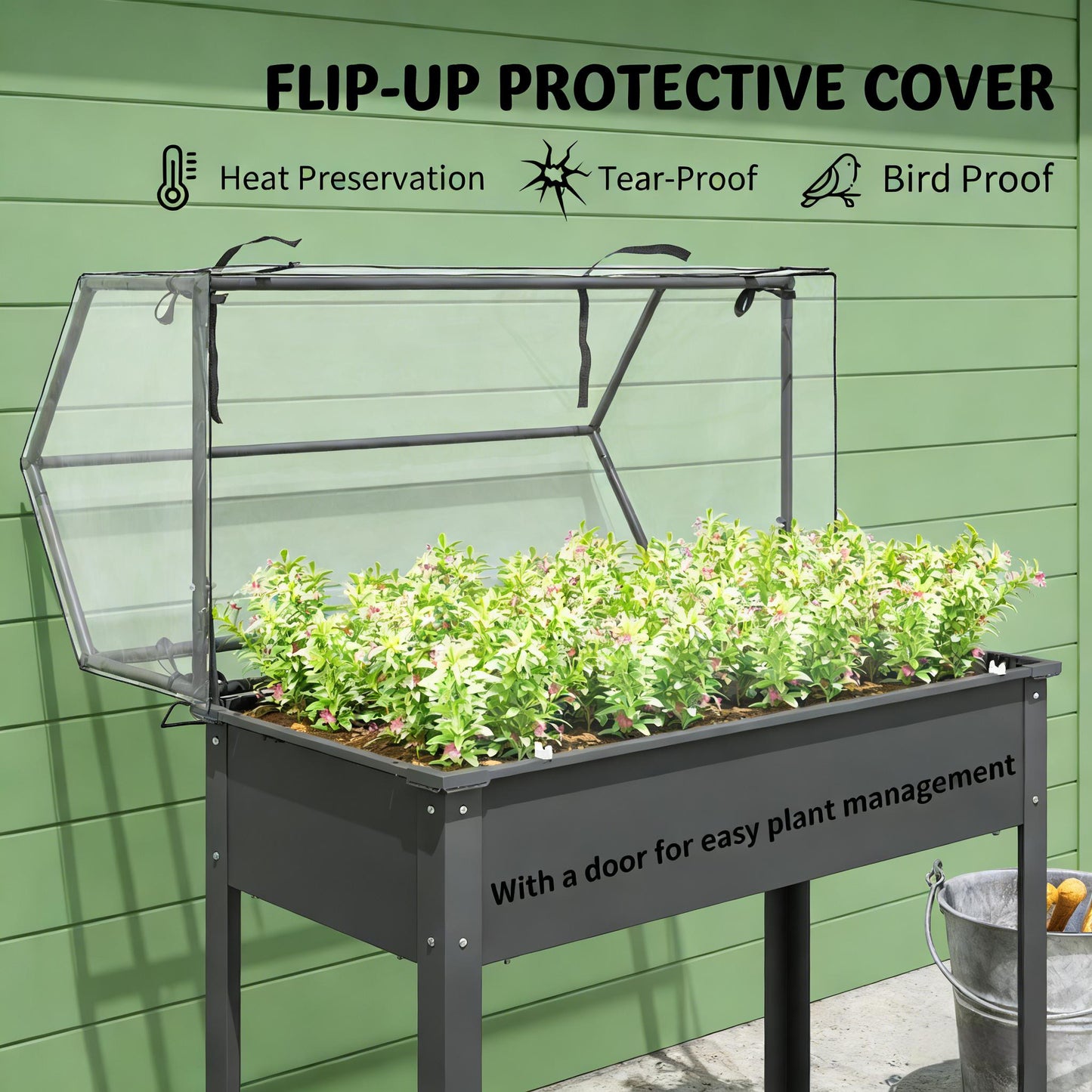 Outdoor Elevated Garden Box with Greenhouse - Dark Gray