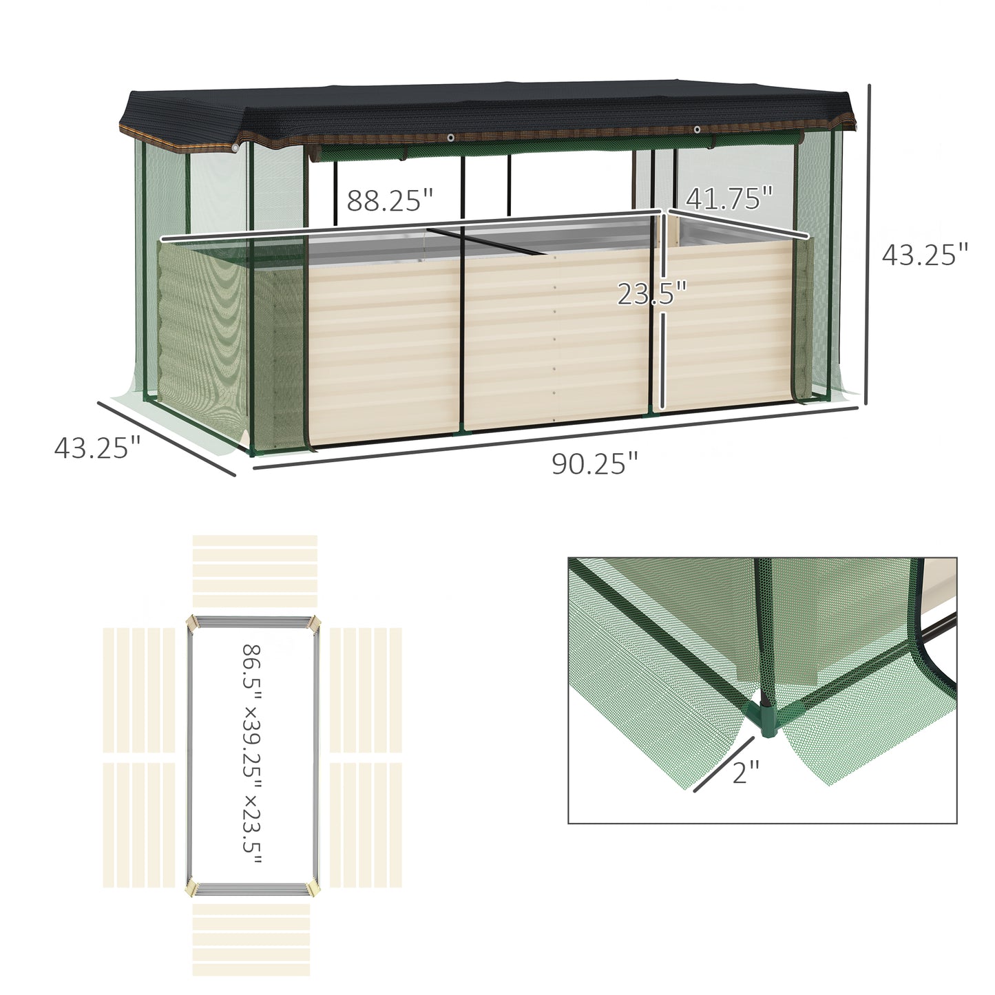 Galvanized Steel Raised Garden Bed with Crop Cage & Shade Cloth - Beige, 1185x340x150 mm