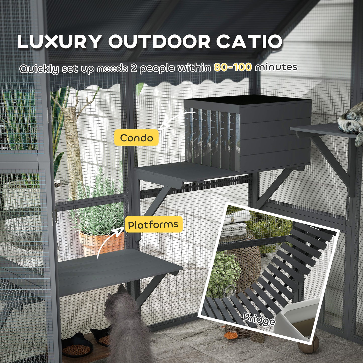 Outdoor Wooden Cat Enclosure with Waterproof Cover for 2-4 Cats - Gray