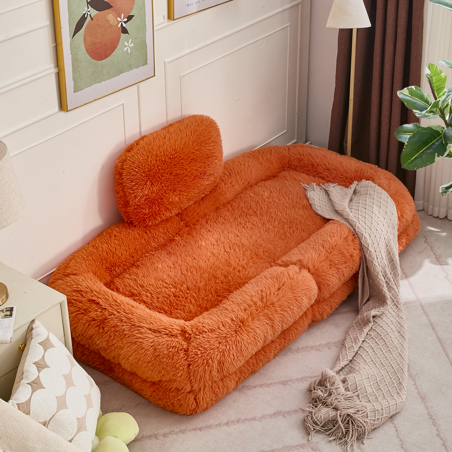 Adjustable Human Dog Bed & Lazy Sofa - Orange Plush Fabric