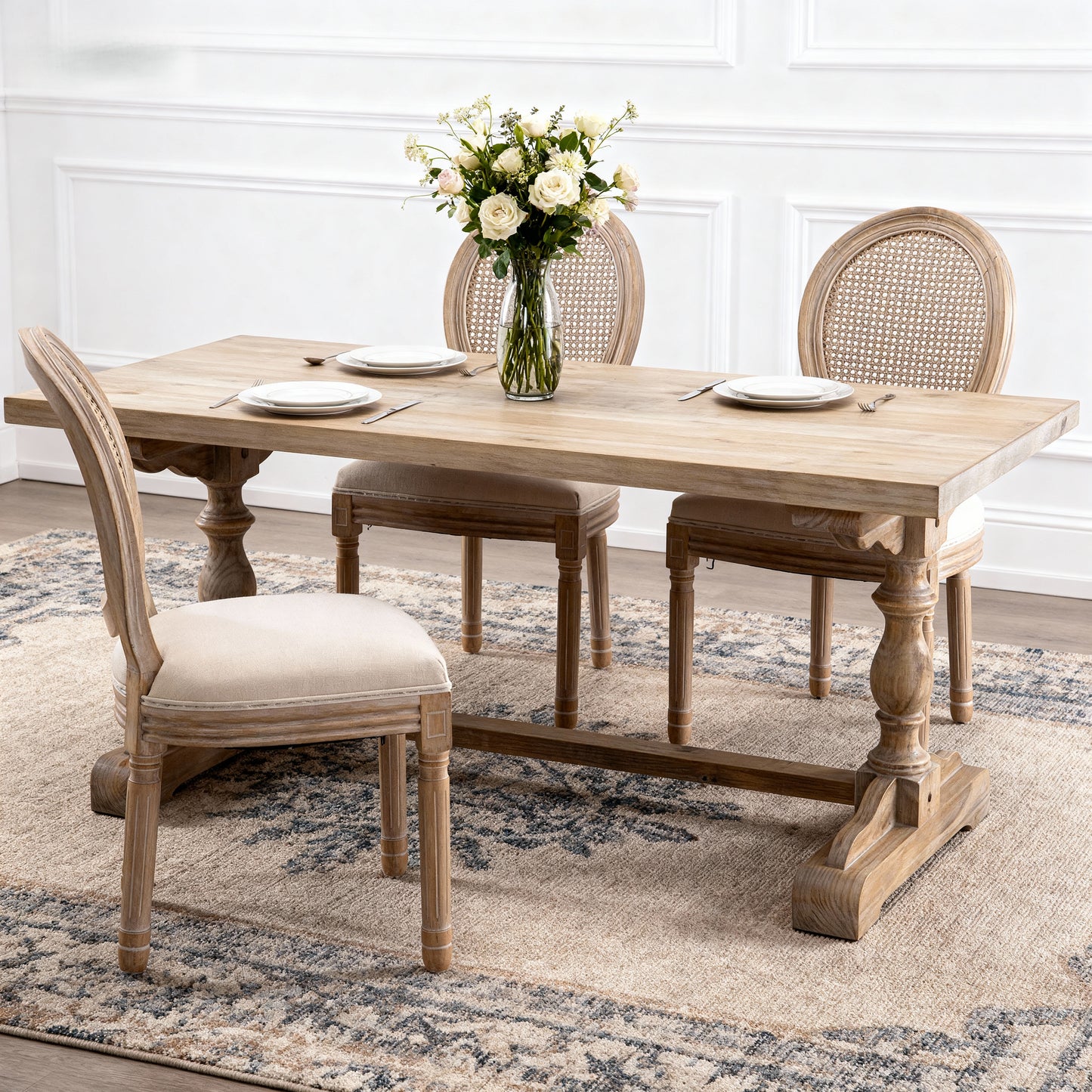 French Country Dining Chairs - Set of 2 Beige Wooden Frame