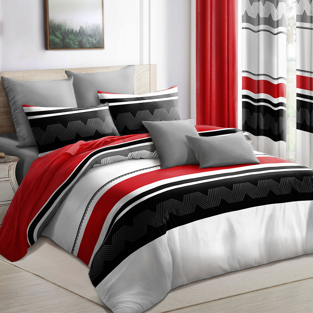 9-Piece Geometric Bedding and Curtain Set - Heavyweight Quilt & 6 Panels