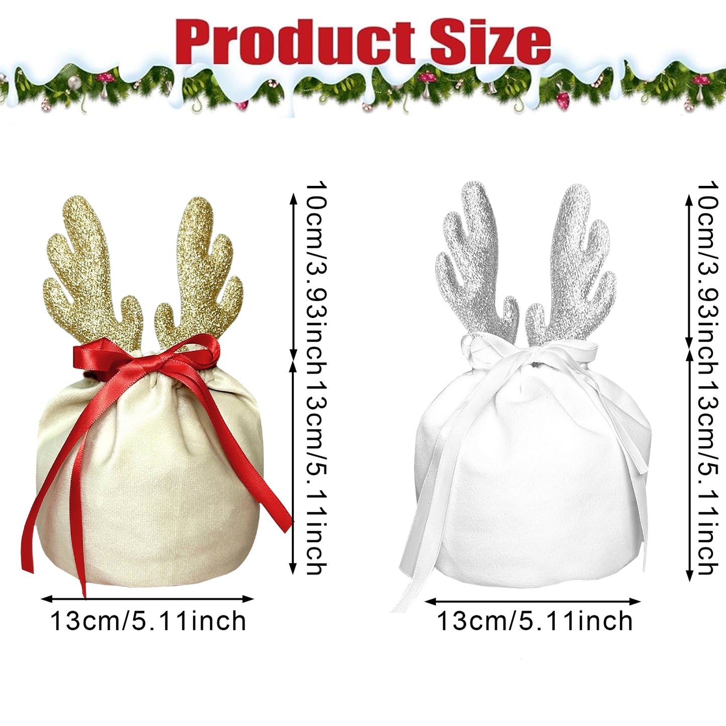 5-Piece Christmas Antler Gift Bag Set - Khaki & White