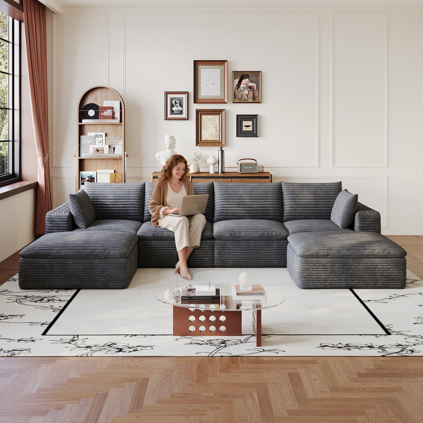 134" Cloud Sofa - Corduroy Fabric, Deep Seat Couch, Dark Grey