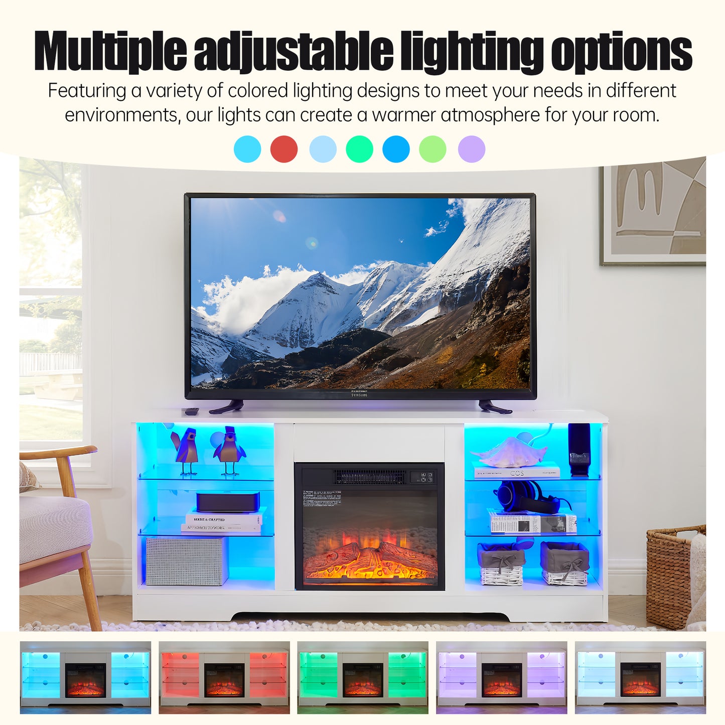 Electric Fireplace TV Stand with Glass Shelves & LED Lights - White