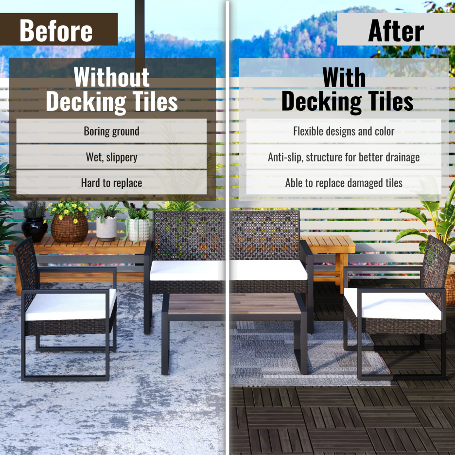 Interlocking Deck Tiles 12x12 Inch Dark Brown Acacia Hardwood Outdoor Flooring - Waterproof & Mold Resistant