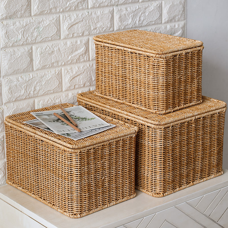 Rattan Woven Storage Basket with Lid - Large Home Organization Bin