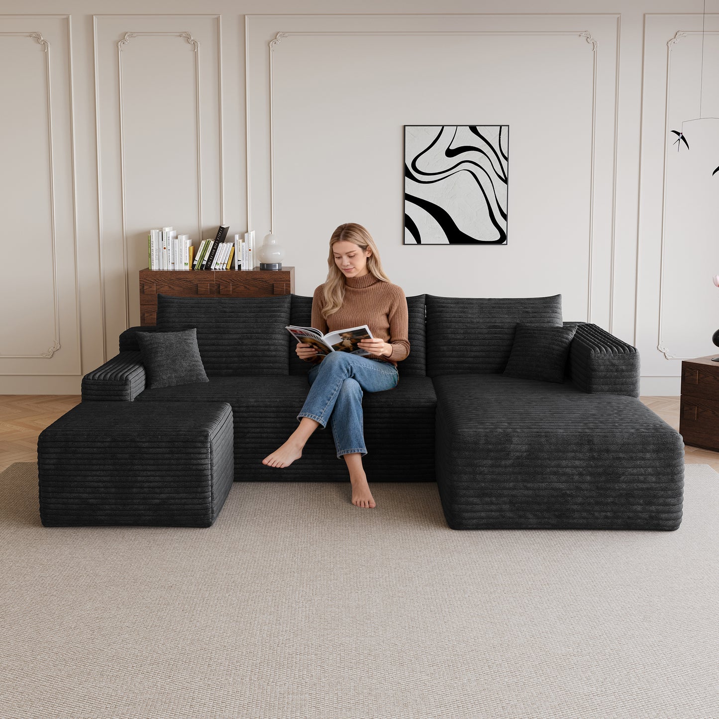 95" Cloud Sectional Sofa with Ottoman - Modern Black Corduroy