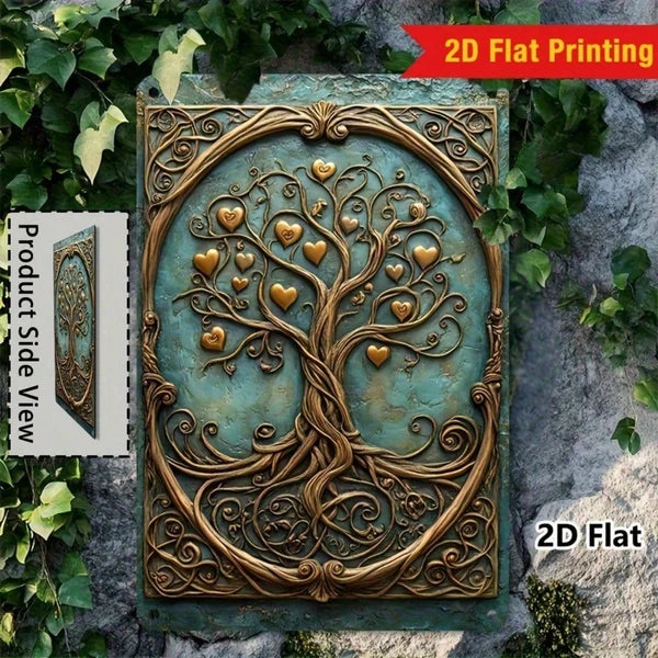 Vintage Tree of Life Metal Wall Art - Turquoise & Gold 8x12in