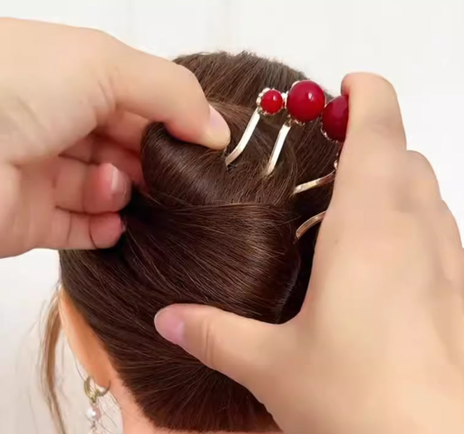 Red Antique Style Hairpin with U-Shaped Tool