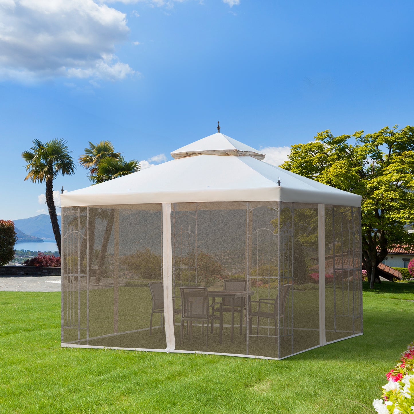 10x10 Outdoor Gazebo with Double Roof & Corner Shelves - Cream White