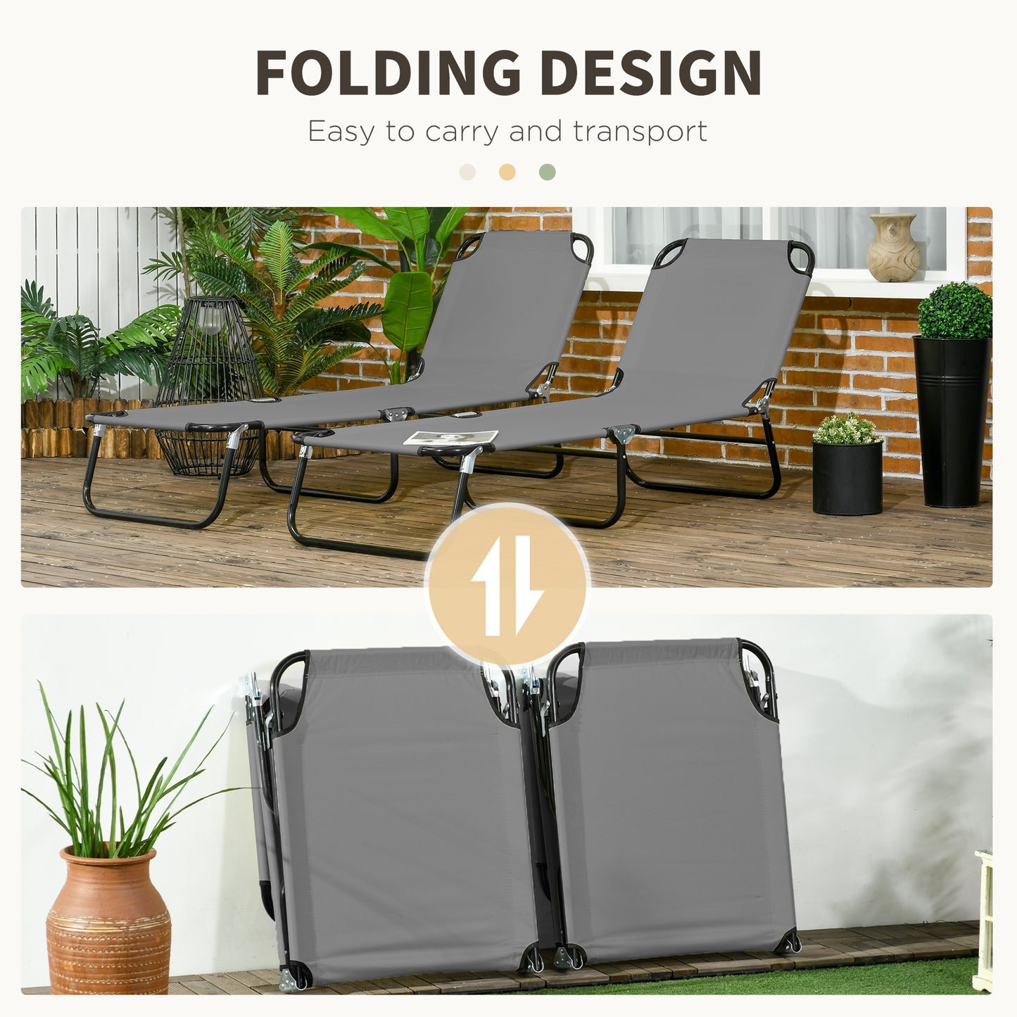 Folding Chaise Lounge Chairs - 2-Piece Set with 5-Level Recline, Dark Gray