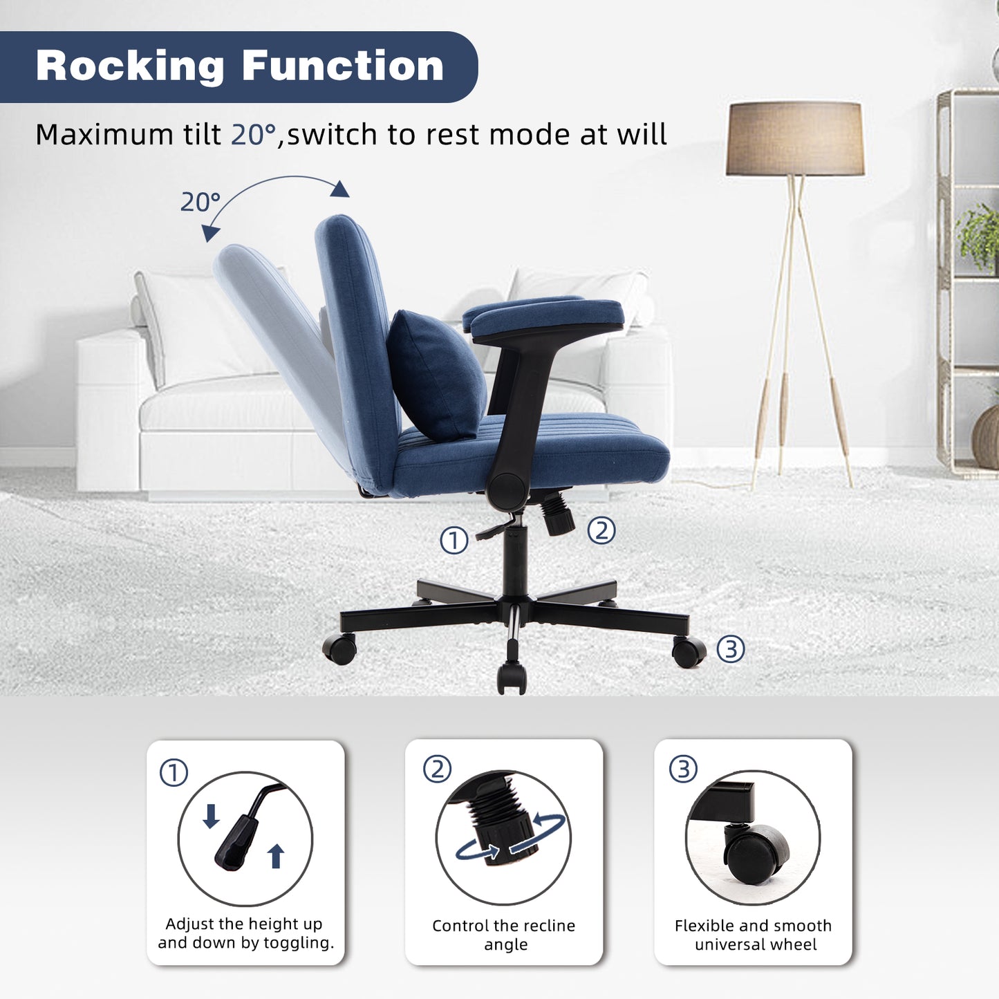 Blue Modern Linen Criss Cross Armrest Office Chair