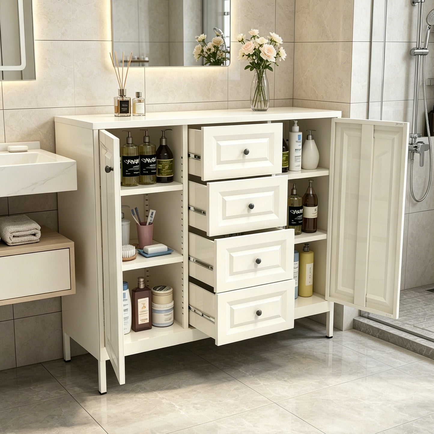 Beige 40.16'' Storage Sideboard Buffet Cabinet with 4 Drawers & 2 Doors