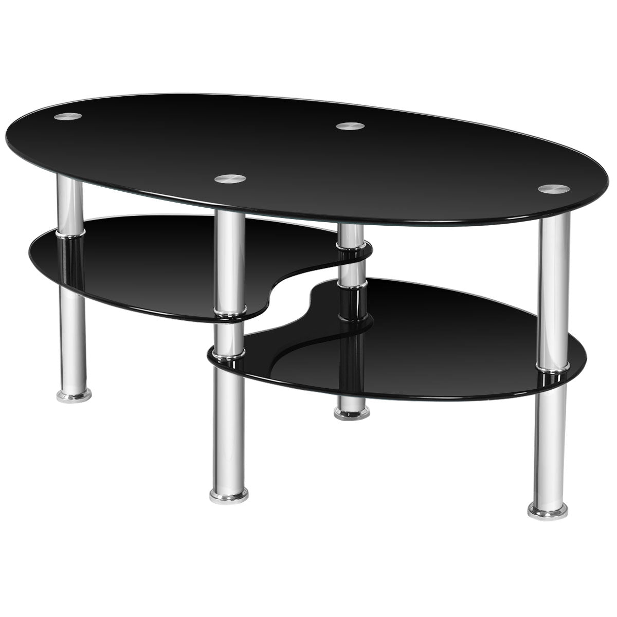 Oval Tempered Glass Coffee Table with 2 Shelves - Black