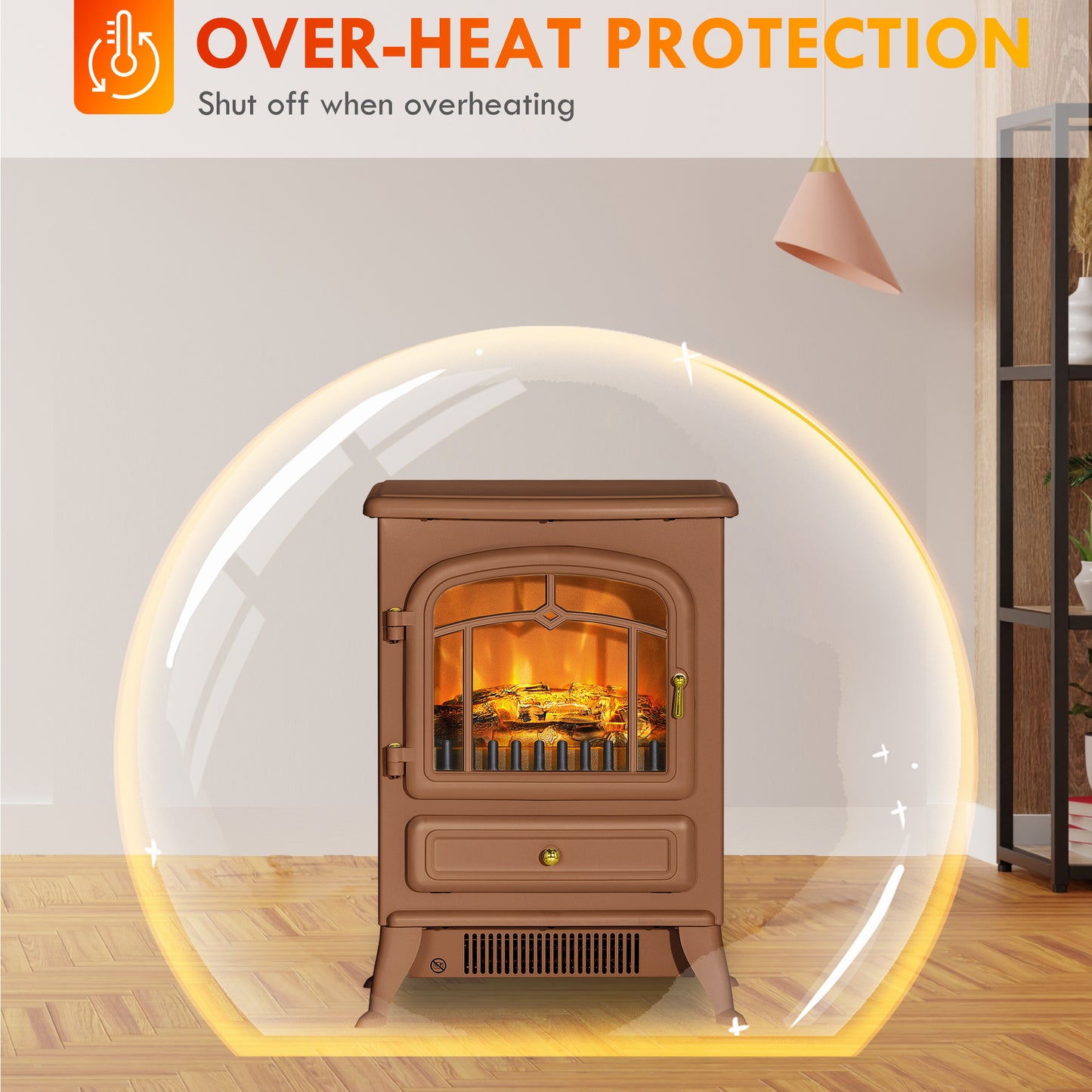 Electric Fireplace Heater with Realistic LED Flames and Logs, 725W/1450W, Dark Brown