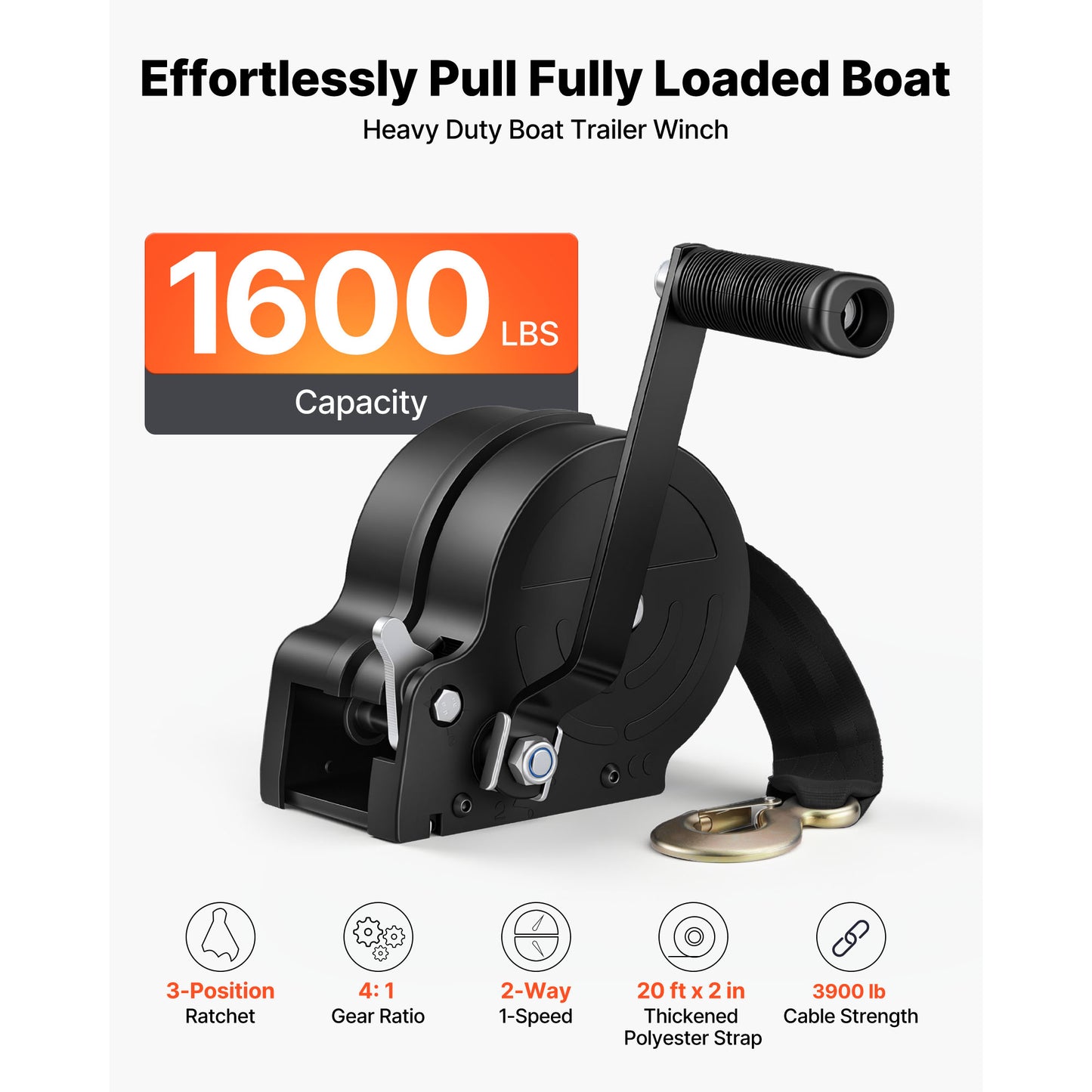 Heavy Duty Boat Winch 1600 Lb Hand Crank with 20ft Orange Polyester Strap
