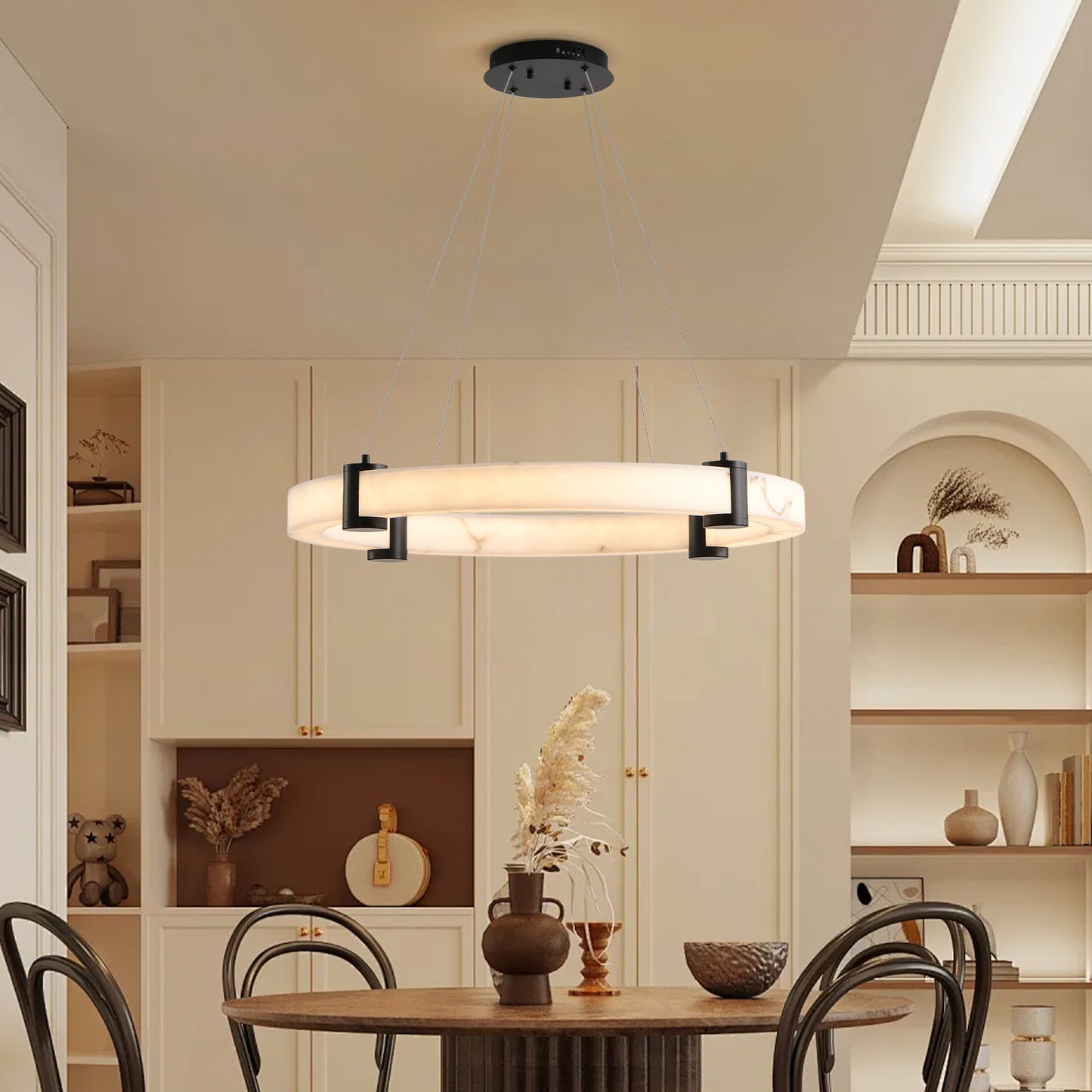 Modern LED Pendant Light 24-Inch Round Chandelier with Adjustable Height White