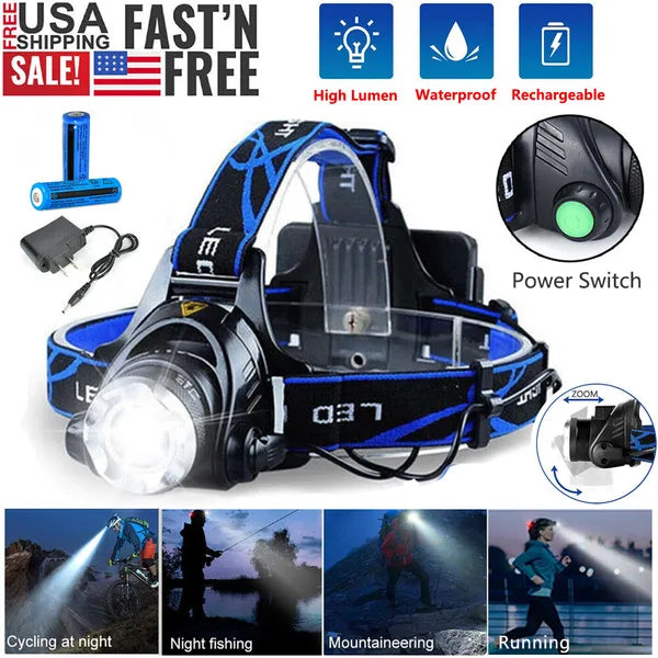 Super Bright 9900000LM Rechargeable LED Headlamp - Portable Flashlight